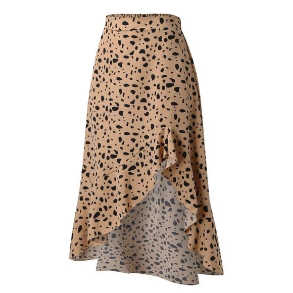 SHEIN • Tan Dalmatian Animal Print Ruffle High Low Pull On Maxi Skirt - Picture 2 of 7